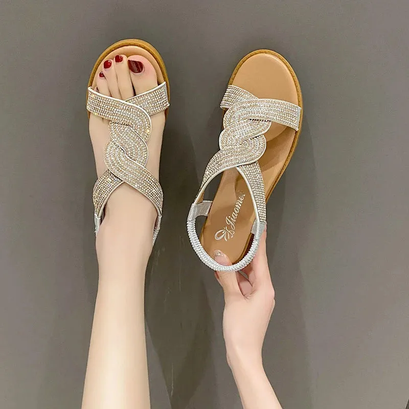2023 New Fashion Flat Woman Sandals Shoes Round Toe Heel Diamond Decoration Gemma Slippers