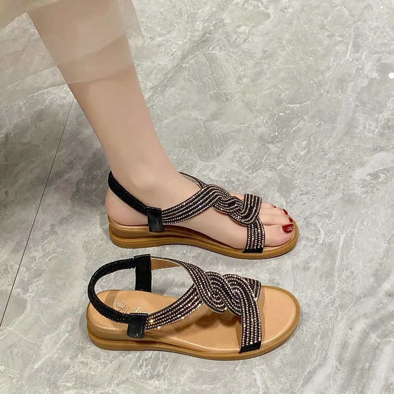 2023 New Fashion Flat Woman Sandals Shoes Round Toe Heel Diamond Decoration Ll Bean Slippers