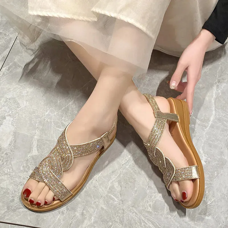 Everywear Slippers 2023 New Fashion Flat Woman Sandals Shoes Round Toe Heel Diamond Decoration