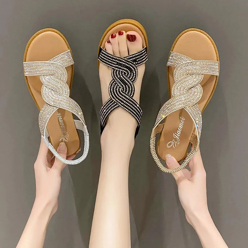 2023 New Fashion Flat Woman Sandals Shoes Round Toe Heel Diamond Decoration Cow Print Slides