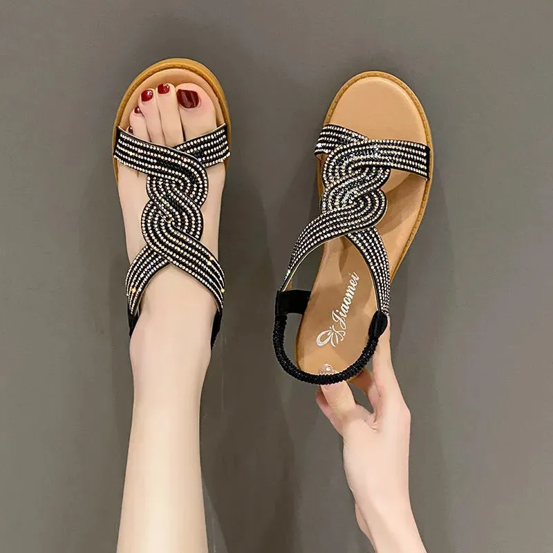 2023 New Fashion Flat Woman Sandals Shoes Round Toe Heel Diamond Decoration Slippers Warm