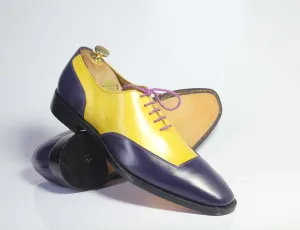 Handmade Men Yellow Black Leather Two Tone Lace Up Shoes, Men Dress Formal Shoes Seven7 Shoes Flats