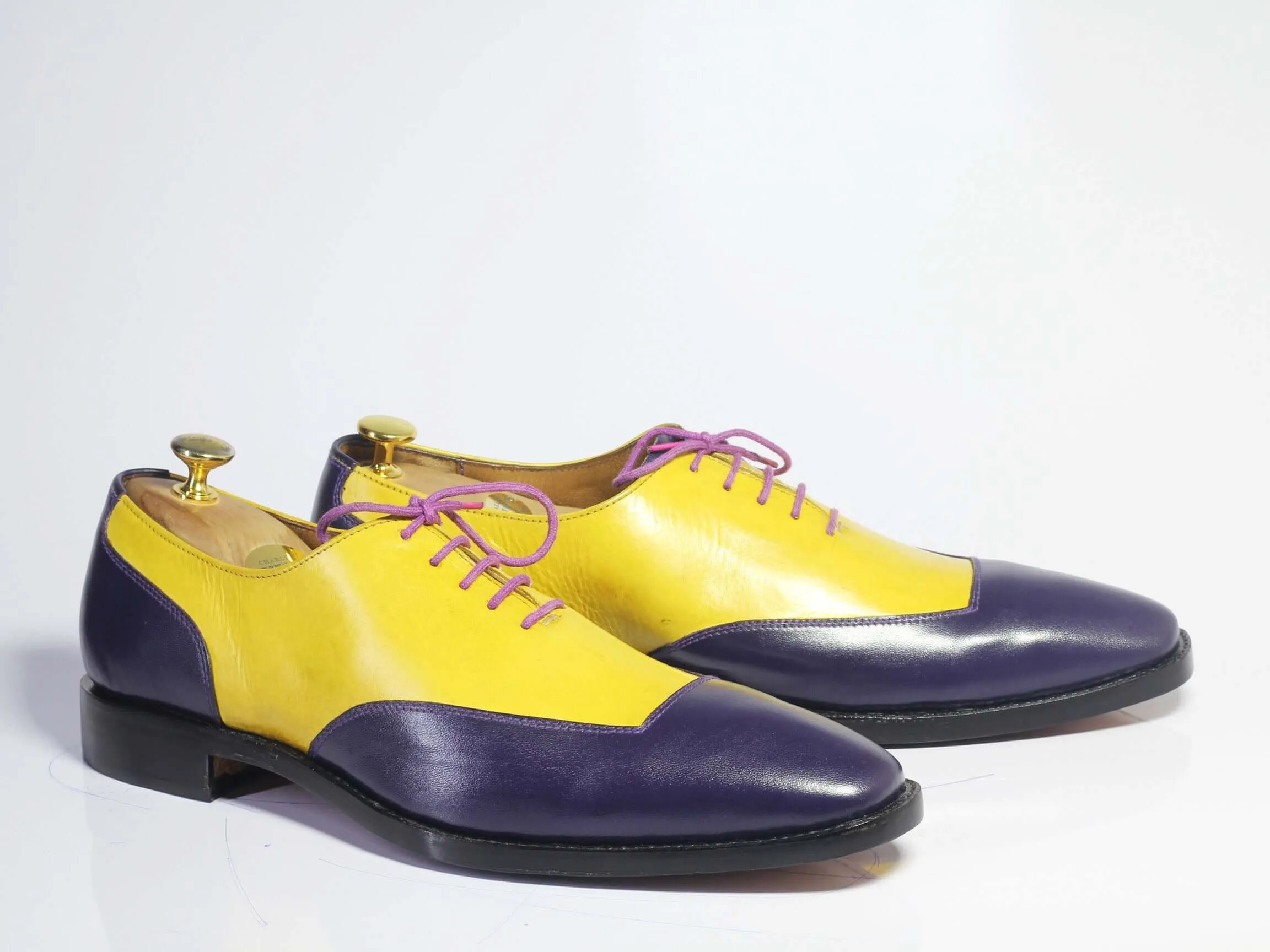Handmade Men Yellow Black Leather Two Tone Lace Up Shoes, Men Dress Formal Shoes Cute Flat Shoes With Arch Support