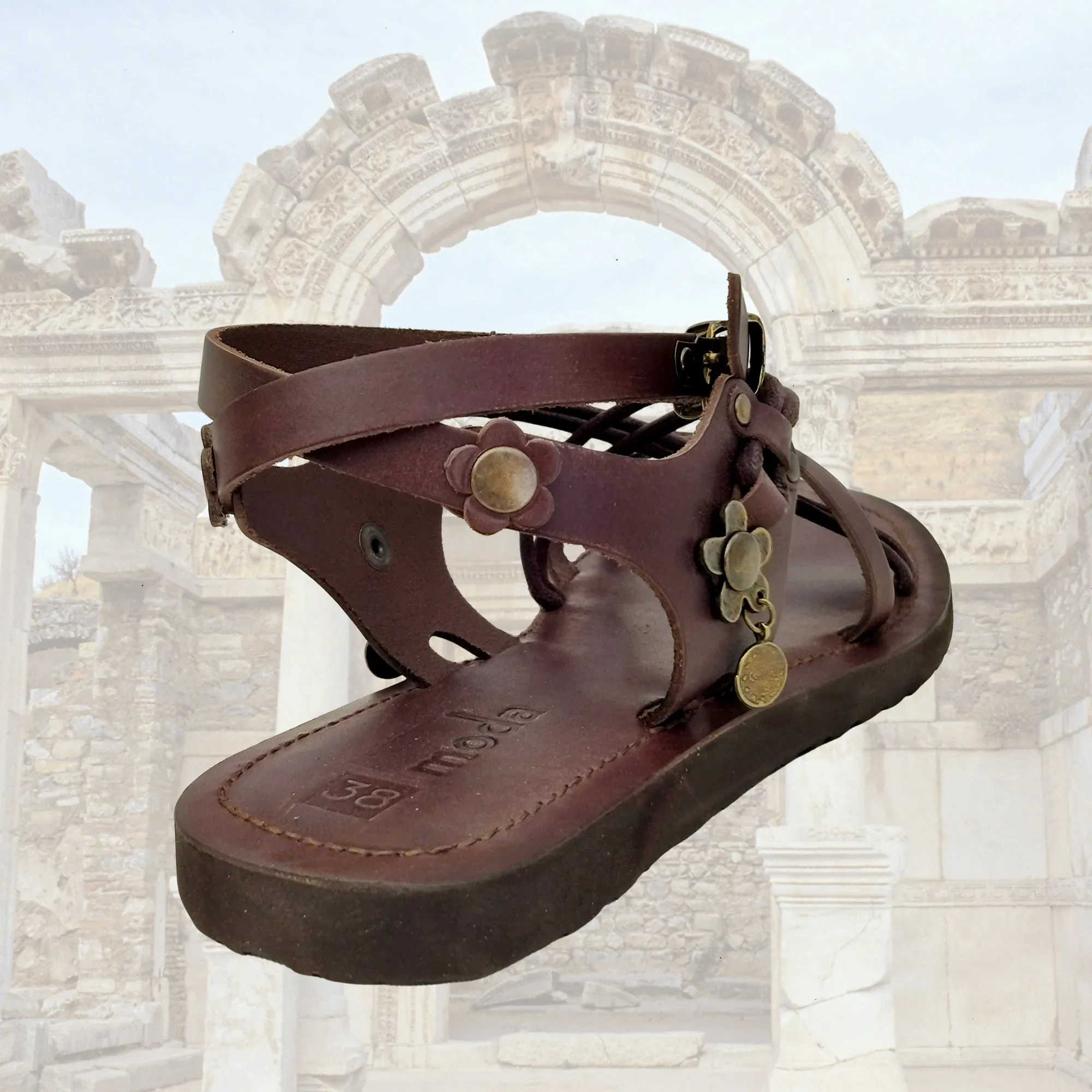 Handcrafted Strappy Vegetal Leather Women Sandalet -Life Style Shoes-Gift Fashion Footwear-Strappy Sandal Flip Flops With Guitar On Bottom