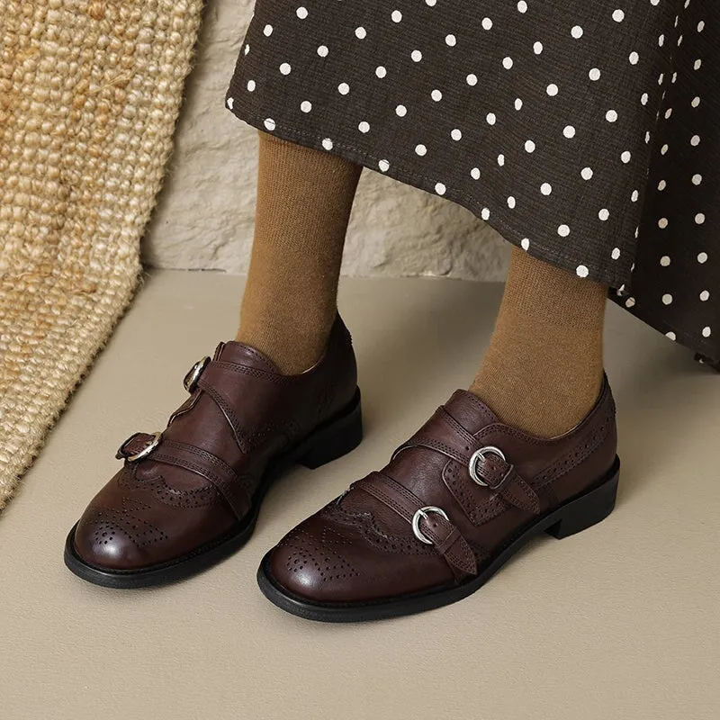 Vintage Handmade Leather Monk Strap Brogue Loafers with Low Block Heel Black/Brown Good Oxford Shoes