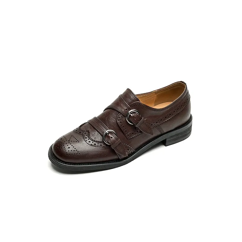 Vintage Handmade Leather Monk Strap Brogue Loafers with Low Block Heel Black/Brown Oxford Cap Toe