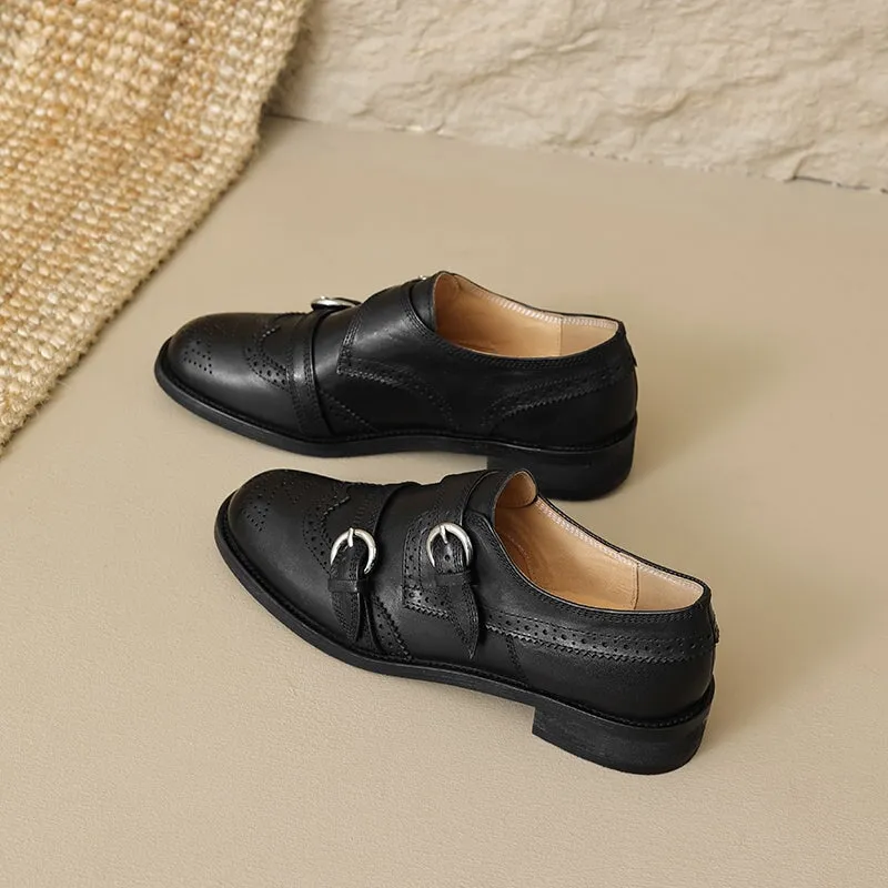 Difference Between Oxfords And Derbys Vintage Handmade Leather Monk Strap Brogue Loafers with Low Block Heel Black/Brown