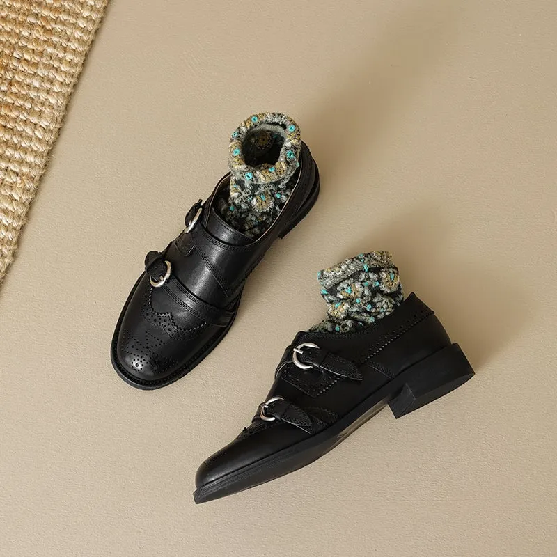 Vintage Handmade Leather Monk Strap Brogue Loafers with Low Block Heel Black/Brown Canvas Oxford