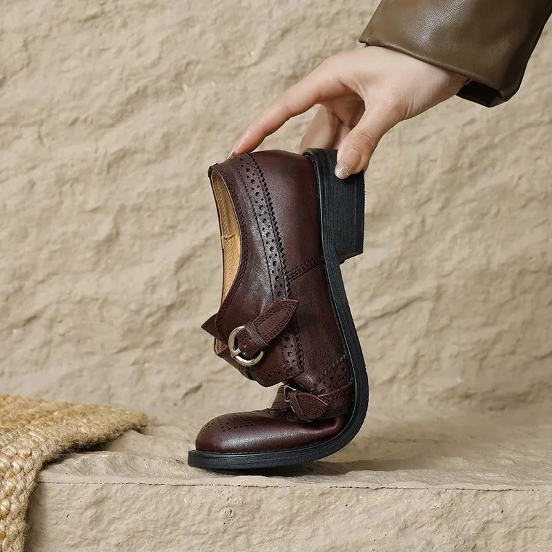 New Jersey Lace Oxfords Vintage Handmade Leather Monk Strap Brogue Loafers with Low Block Heel Black/Brown