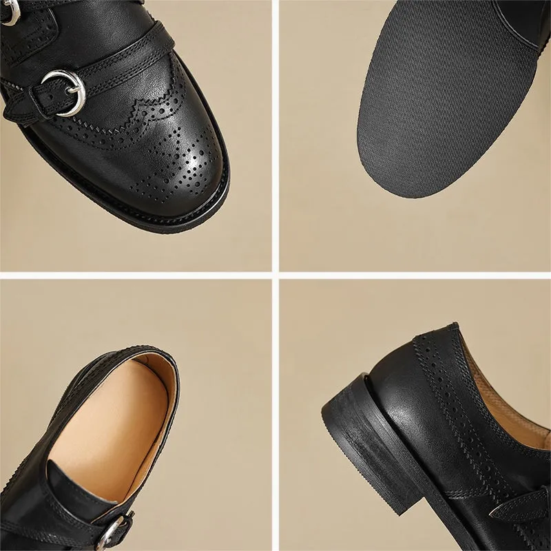 Calfskin Oxfords Vintage Handmade Leather Monk Strap Brogue Loafers with Low Block Heel Black/Brown