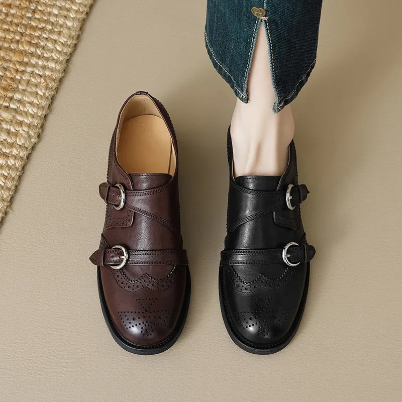 Vintage Handmade Leather Monk Strap Brogue Loafers with Low Block Heel Black/Brown Oxford Feminino