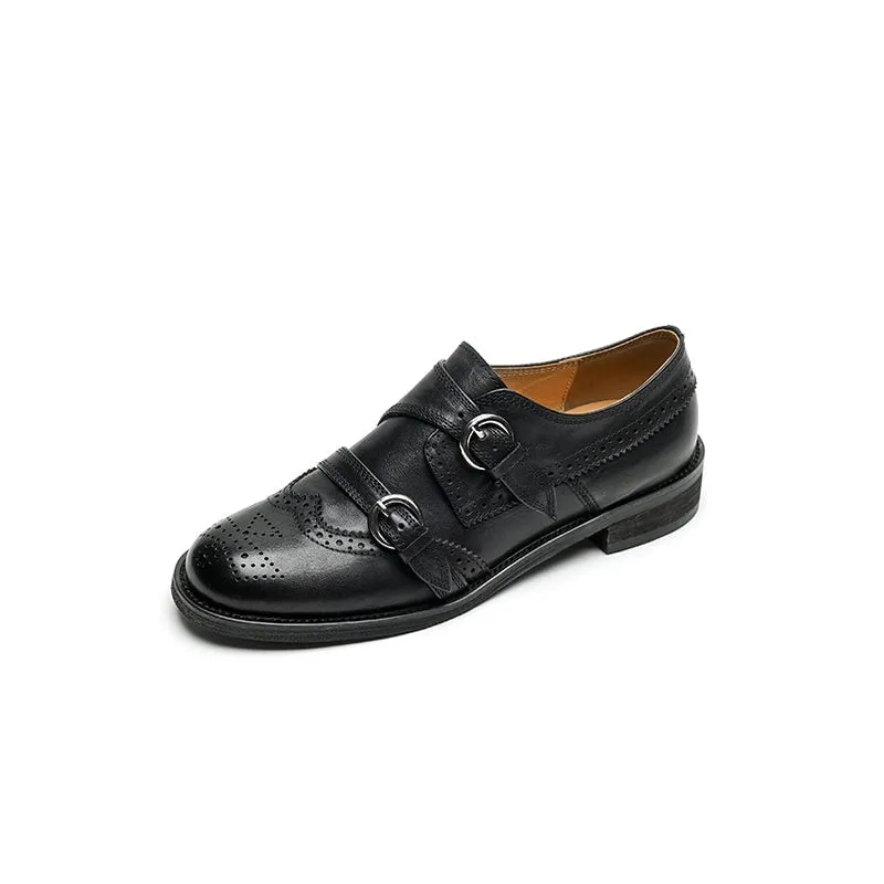 Vintage Handmade Leather Monk Strap Brogue Loafers with Low Block Heel Black/Brown Suede Oxford