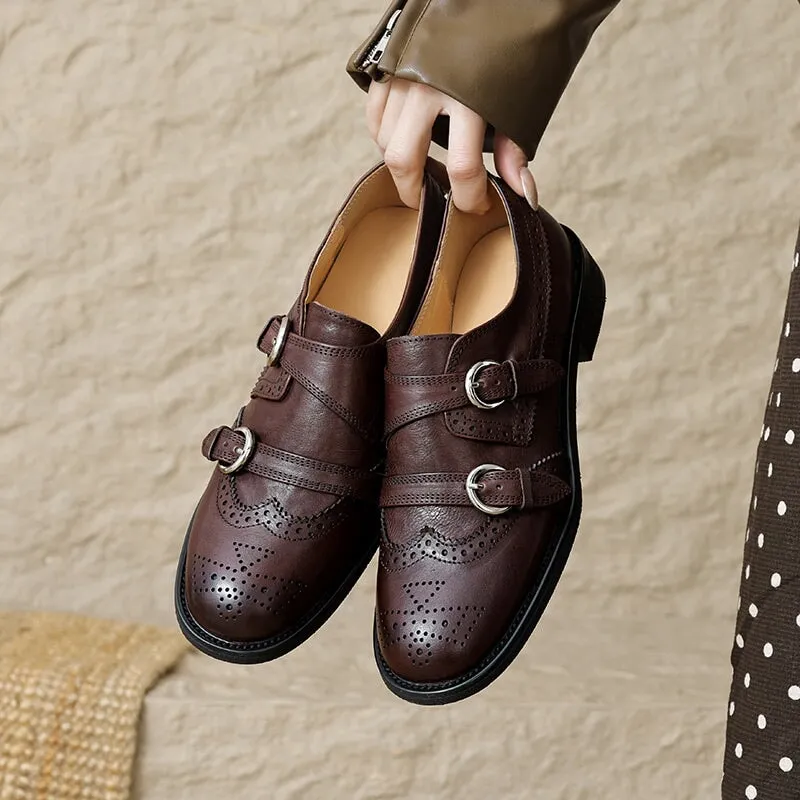 Casual Suede Oxfords Vintage Handmade Leather Monk Strap Brogue Loafers with Low Block Heel Black/Brown