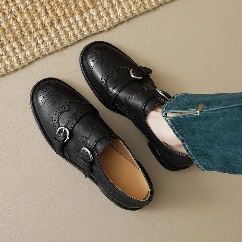 Vintage Handmade Leather Monk Strap Brogue Loafers with Low Block Heel Black/Brown Or Oxfords