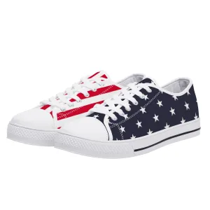 American Flag Women Shoes, Red White Blue Patriotic Fourth 4th of July Stars Stripes USA Low Top Sneakers Canvas Lace Up Girls Ladies Flat Sneakers Dress Outfit