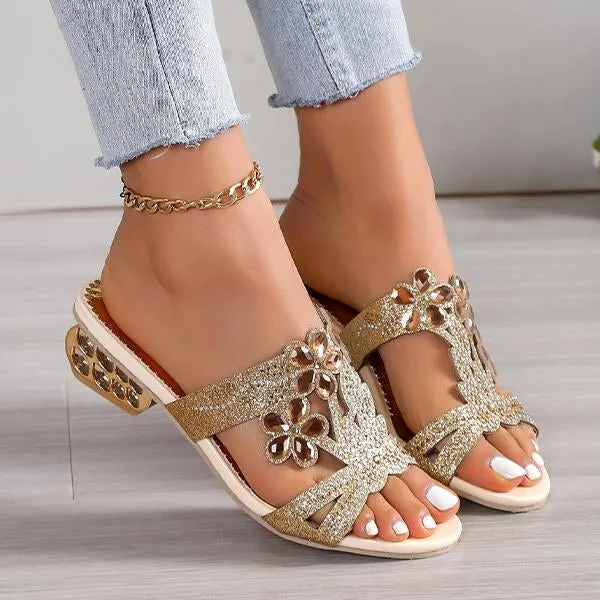 Women's Fashion Flower Rhinestone High Heel Slippers 06689650S Bride Fluffy Slippers