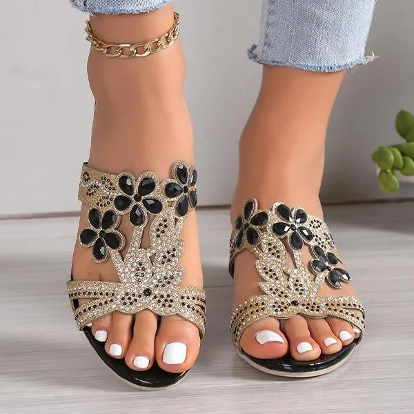 Plantar Fascitis Slippers Women's Fashion Flower Rhinestone High Heel Slippers 06689650S