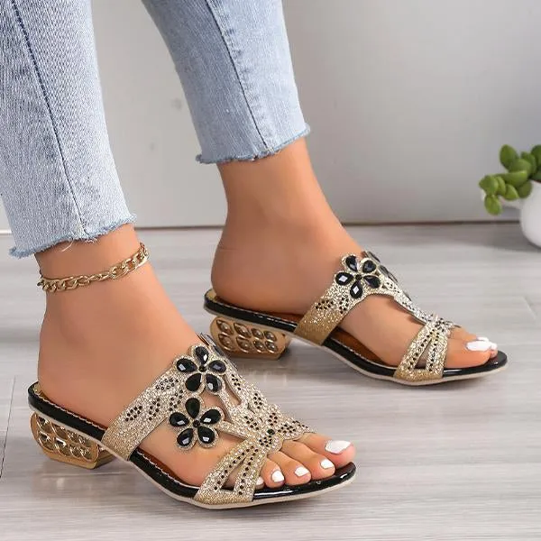 Barefoot House Slippers Women's Fashion Flower Rhinestone High Heel Slippers 06689650S