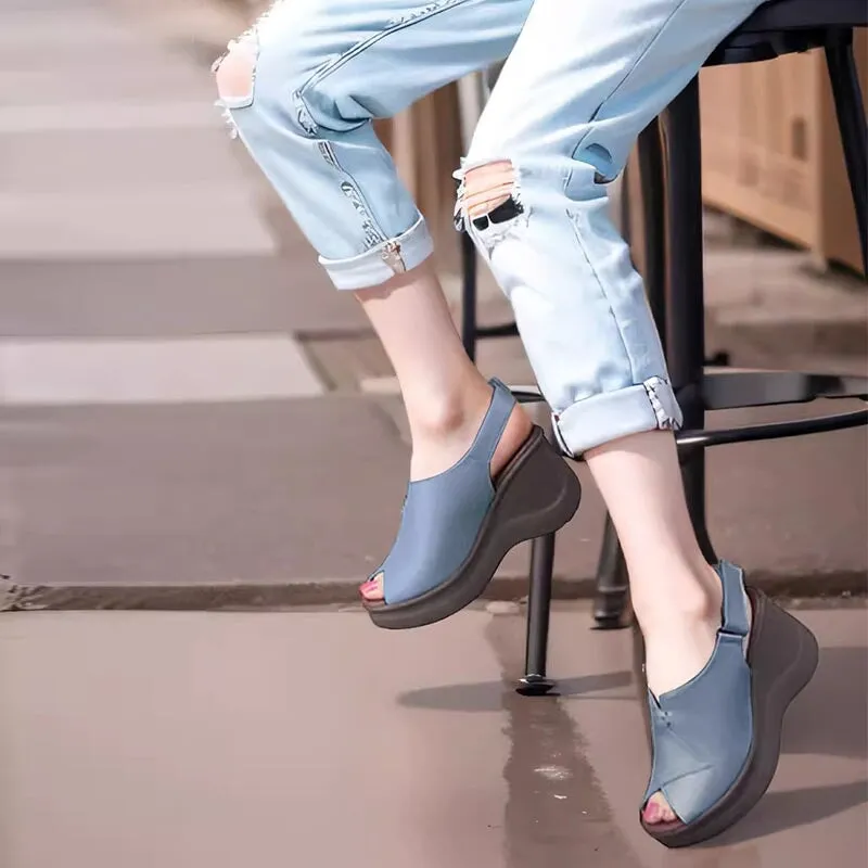 Soft Leather Platform Sandals Peep Toe Slingback High Heel Sandals in Black/Blue/White Braided Oxfords