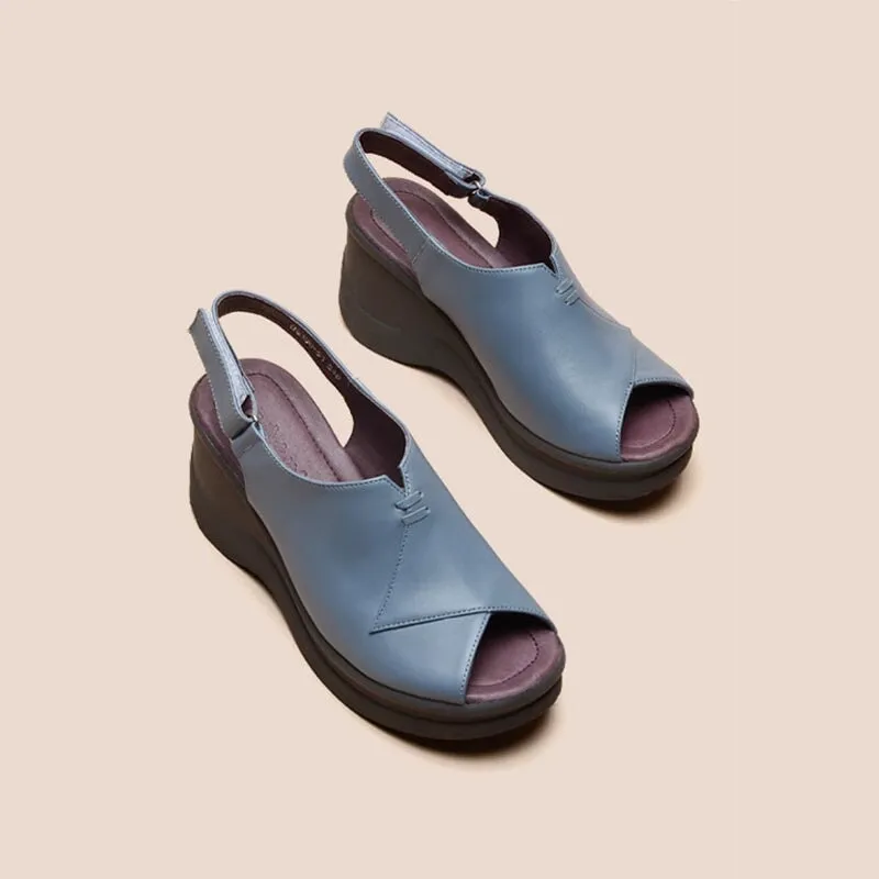 Soft Leather Platform Sandals Peep Toe Slingback High Heel Sandals in Black/Blue/White Meermin Mallorca Oxfords