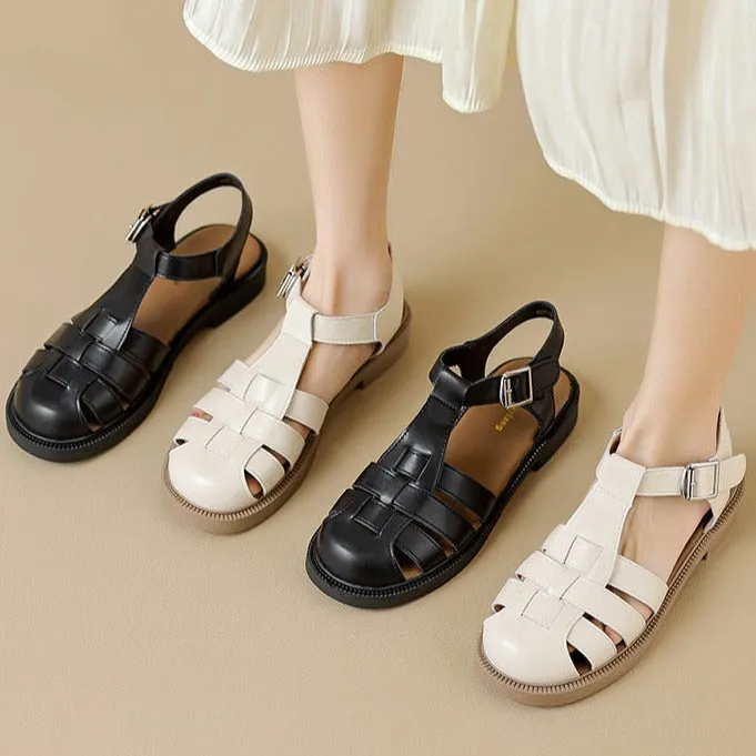 Strappy Lowdown Leather Sandals Womans Casual Woven Closed Toe Fisherman Sandals