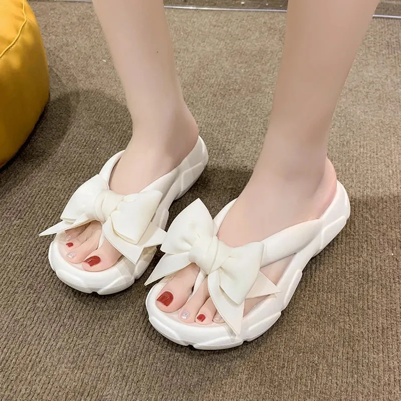Fashion Bowknot Platform Flip Flop for Women Beach Non Slip Wedge Slippers Woman Thick Sole Clip Toe Slides Sandals Two Strap Flip Flops