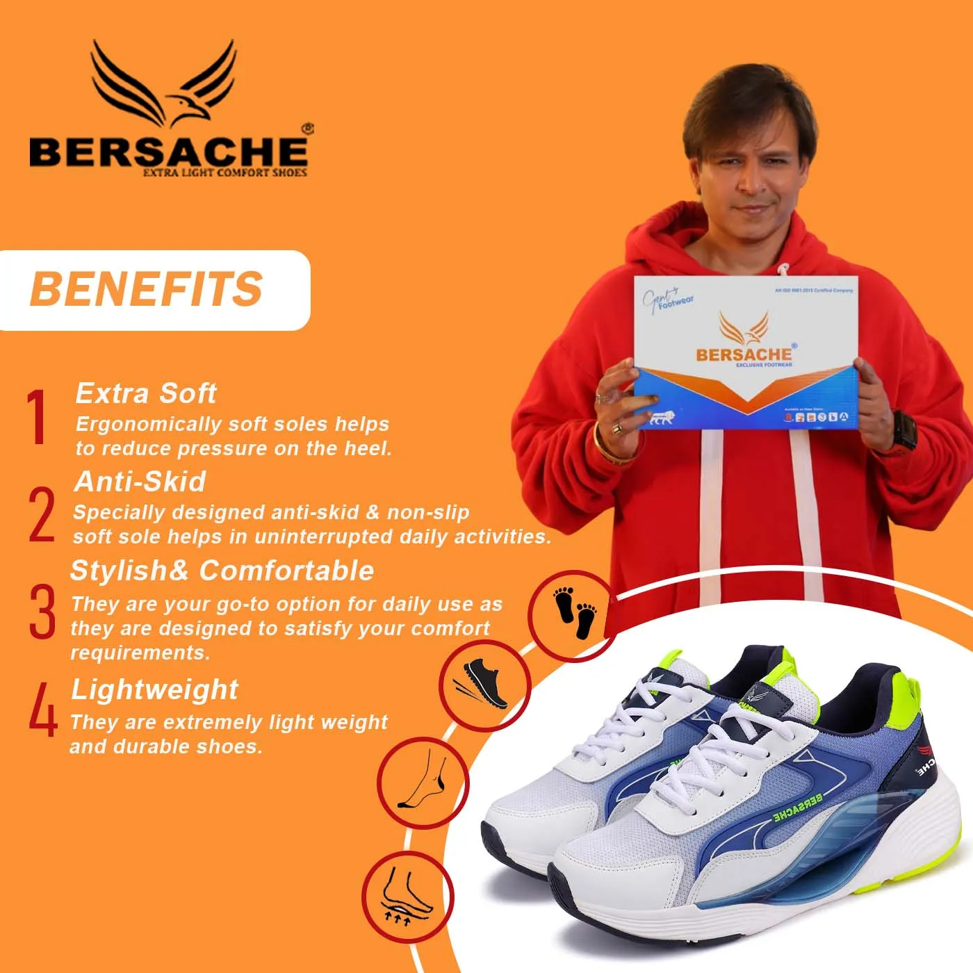 Bersache Lightweight Sports Running Shoes For Men Blue-9071 Double Strap Slides