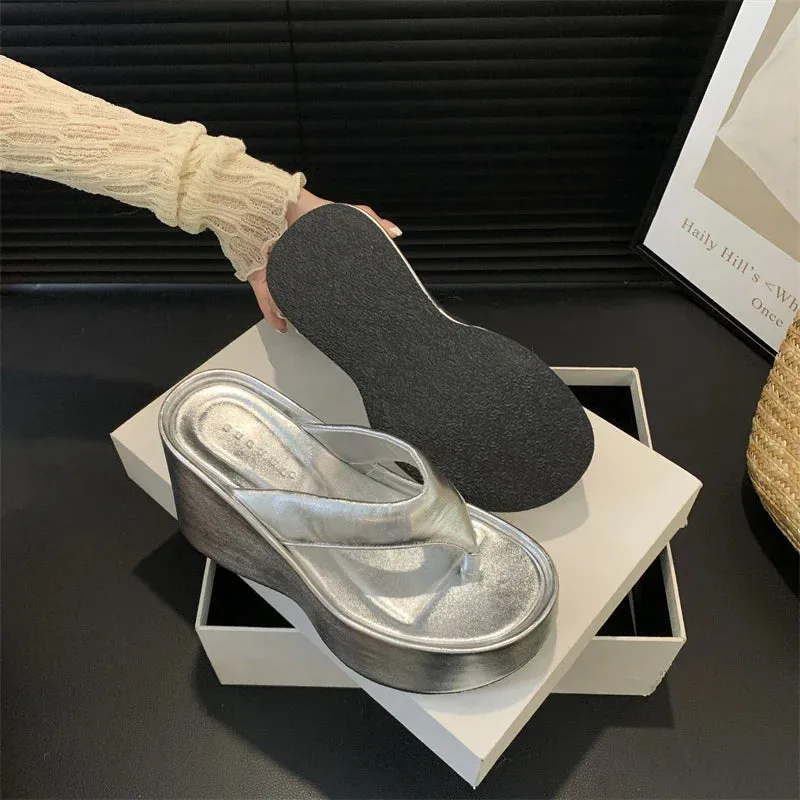 binfenxie 2024 Summer Platform Women Slippers Fashion Elegant Outdoor Silvery Slides Shoes Ladies Casual Wedges Heel Sandalias Baabushka Slippers