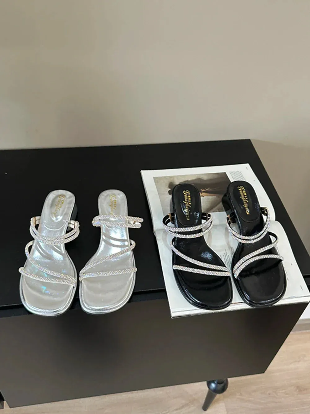 Monkey Slitters Coraline binfenxie  -  Women Sandals Slippers Black Silver Summer Outside Flat Mid Heeled Casual Mules Shoes Size 35-39 Sandals Slides