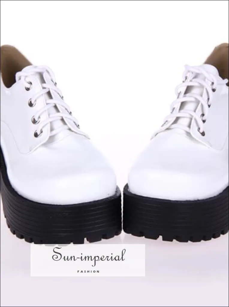 Leather Black Punk Lace up Oxfords Vegan Leather with Short Block Heel and Chunky Treaded Soles Women Shoes