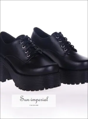 Black Punk Lace up Oxfords Vegan Leather with Short Block Heel and Chunky Treaded Soles Women Shoes Best Suede Oxfords