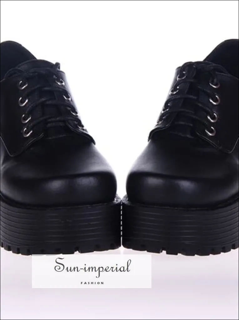 Black Punk Lace up Oxfords Vegan Leather with Short Block Heel and Chunky Treaded Soles Women Shoes Stylish Oxfords