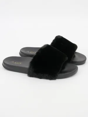Tongue Slippers Women's Soft Fuzzy Upper Wuzzy Slide Sandals,Black