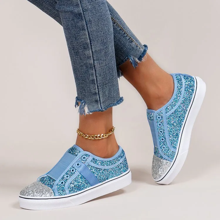 Sparkly Sneakers Women color block glitter low cut flat heel slip on sneaker