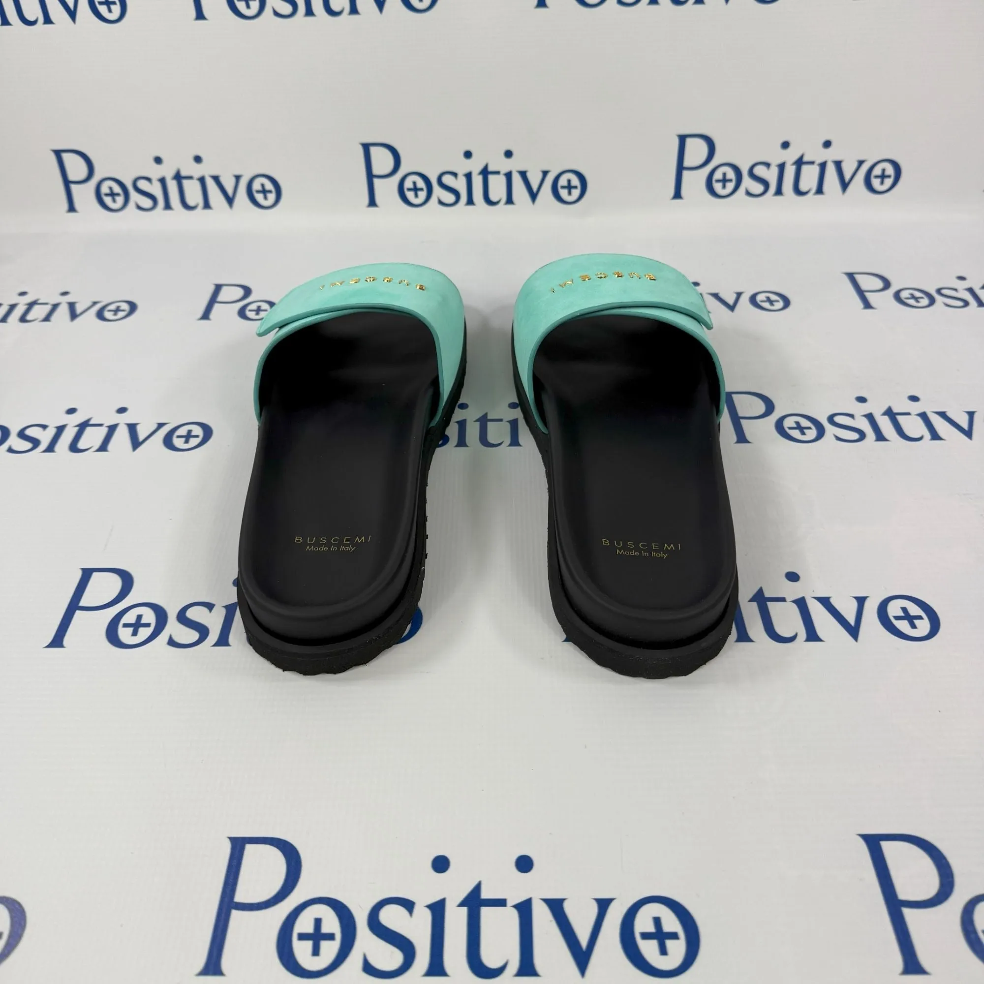 Buscemi Scratch Slide Turquoise Leather Sandals Thick Heel Sandals