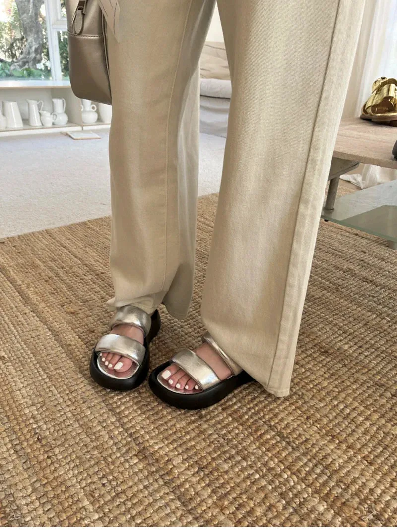 Oh Those Golden Slippers binfenxie 2024 Summer Chunky Women Slipper Fashion Elegant Ladies Open Toe Platform Flats Slides Beach Vacation Sandal Shoes