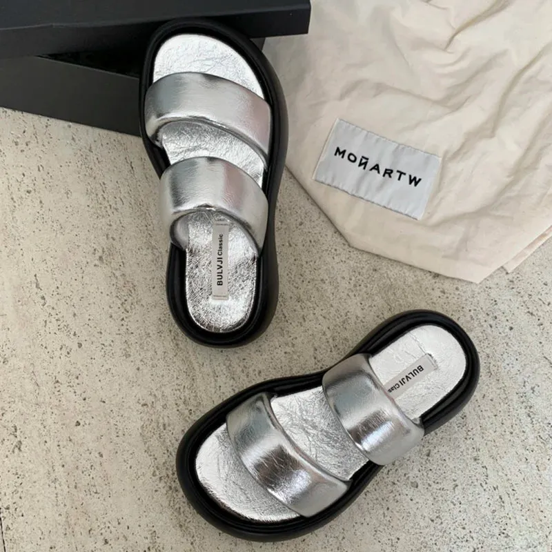 binfenxie 2024 Summer Chunky Women Slipper Fashion Elegant Ladies Open Toe Platform Flats Slides Beach Vacation Sandal Shoes Mukluk Slippers