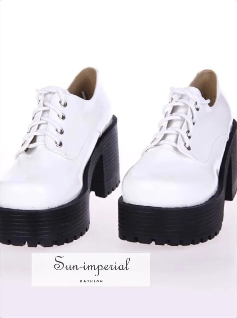 Aldo Platform Oxfords White Punk Lace up Oxfords Vegan Leather with Short Block Heel and Chunky Treaded Soles Women Shoes