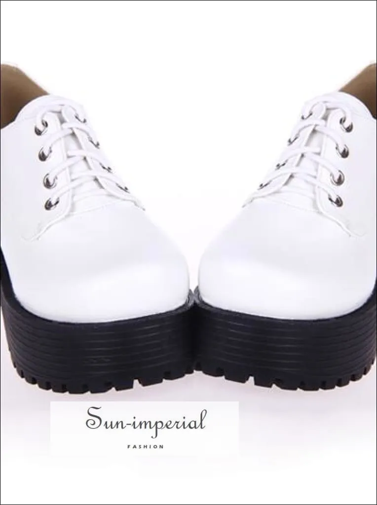 White Punk Lace up Oxfords Vegan Leather with Short Block Heel and Chunky Treaded Soles Women Shoes Oxford Shoes Dress