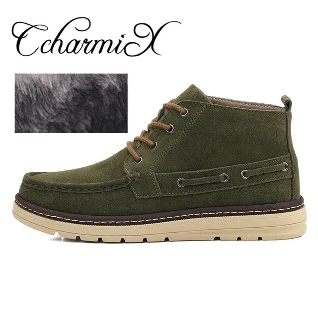 CcharmiX Chukka Boots Men Work&Safety Cow Suede Mens Ankle Boots Male Leather Winter Booty Plush Fashion Warm Shoes Size 38-46 Wedge Sole Work Boots