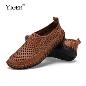 Yiger New Men Net Shoes Genuine Leather Summer Casual Men Sandals Men Loafers Shoes Lazy Style Breat Shoe Show Sandals