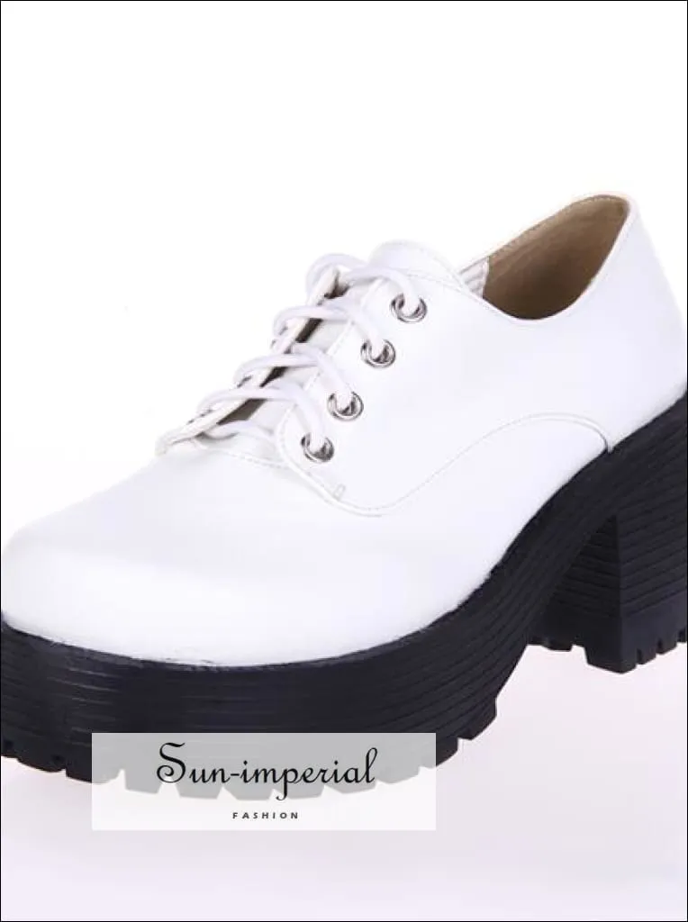 Navy And White Saddle Oxfords Brown Punk Lace up Oxfords Vegan Leather with Short Block Heel and Chunky Treaded Soles Women Shoes