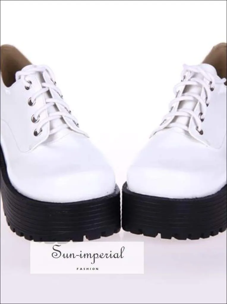 Inspired Oxfords Brown Punk Lace up Oxfords Vegan Leather with Short Block Heel and Chunky Treaded Soles Women Shoes