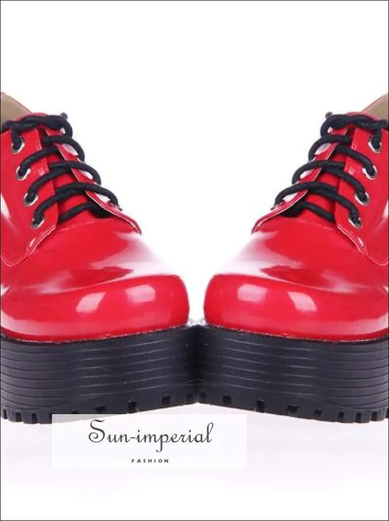 Wingtip Oxford Boots Brown Punk Lace up Oxfords Vegan Leather with Short Block Heel and Chunky Treaded Soles Women Shoes