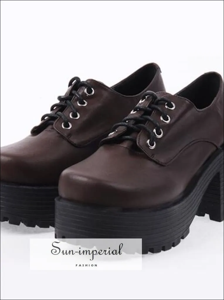 Brown Punk Lace up Oxfords Vegan Leather with Short Block Heel and Chunky Treaded Soles Women Shoes Calfskin Oxfords