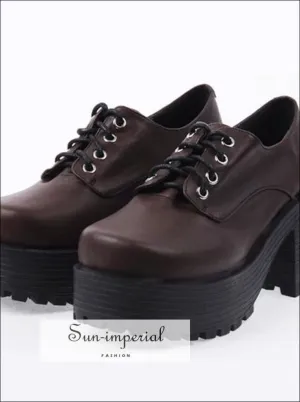Brown Punk Lace up Oxfords Vegan Leather with Short Block Heel and Chunky Treaded Soles Women Shoes Elegant Oxford