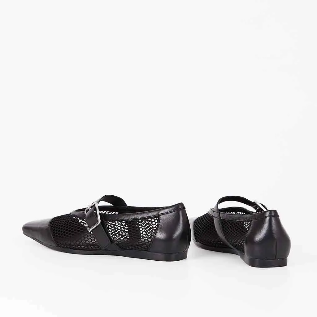 Wioletta Mesh Mary Jane - Black Flat Shoes With Ankle Straps