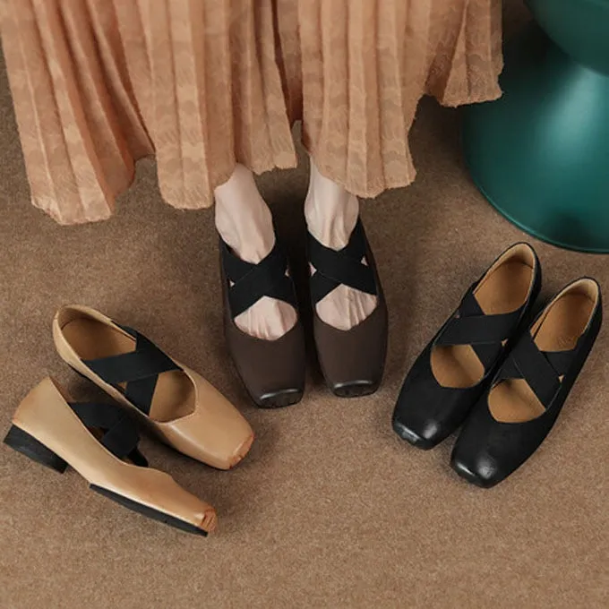 Chicmy Chic Elastic Crosseed Slip On Square Toe Ballet Shoes Women Vintage Cow Leather Mary Jane Flat Loafers Shoes Dancer Shoes Jordaan Loafers