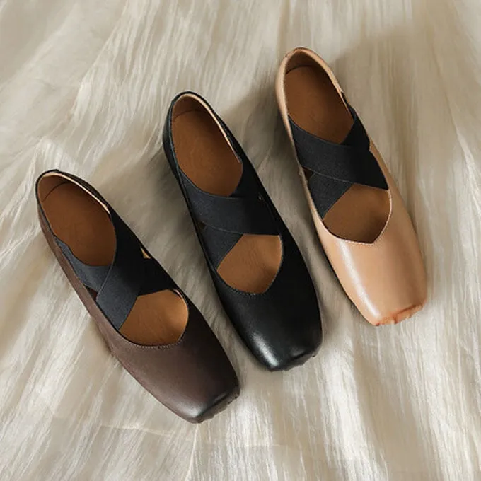 Chicmy Chic Elastic Crosseed Slip On Square Toe Ballet Shoes Women Vintage Cow Leather Mary Jane Flat Loafers Shoes Dancer Shoes Snaffle Pebble Grain Leather Kiltie Loafers