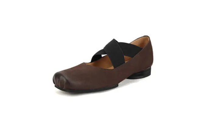 Chicmy Chic Elastic Crosseed Slip On Square Toe Ballet Shoes Women Vintage Cow Leather Mary Jane Flat Loafers Shoes Dancer Shoes Suede Loafers Rubber Sole